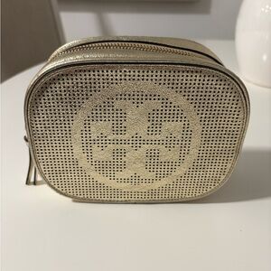 Tory Burch Gold Perforated Logo Leather Cosmetic Case